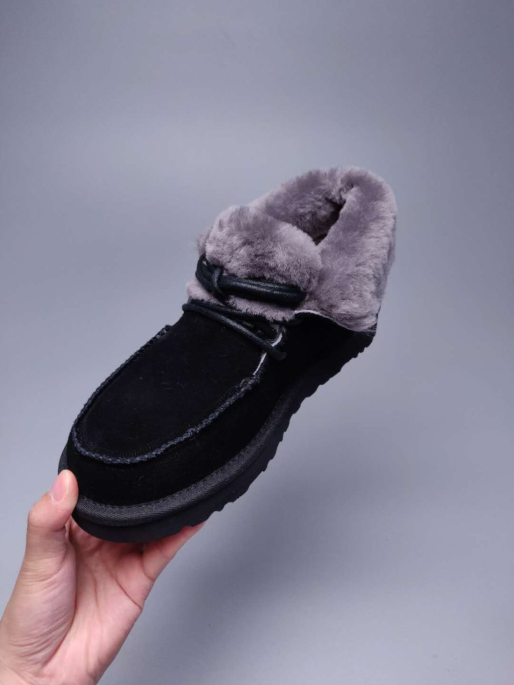 3090 Black Lace-Up Ankle Boots with Plush Trim