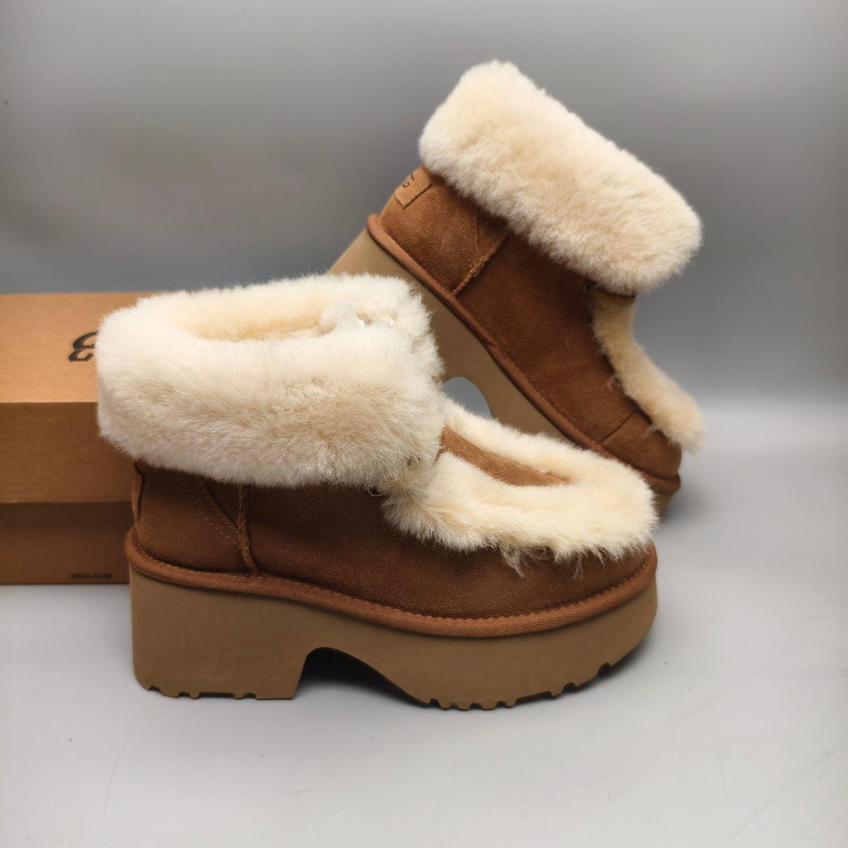 1532 Chestnut Lace-Up Wedge Ankle Boots with Plush Trim