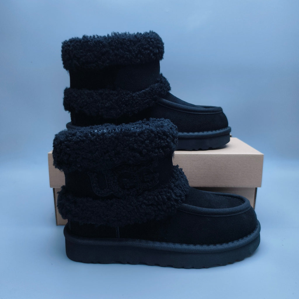 5410 Black Curly Plush Oversized Logo Mid-Top Boots