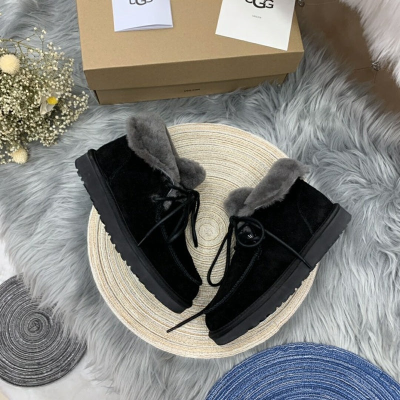 3090 Black Lace-Up Ankle Boots with Plush Trim