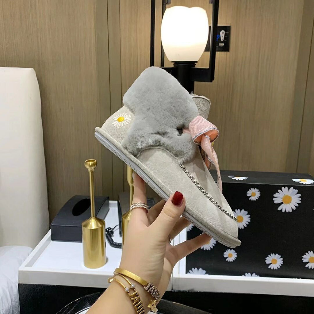 7888 Grey Daisy Chain-and-Ribbon Detail Shoes