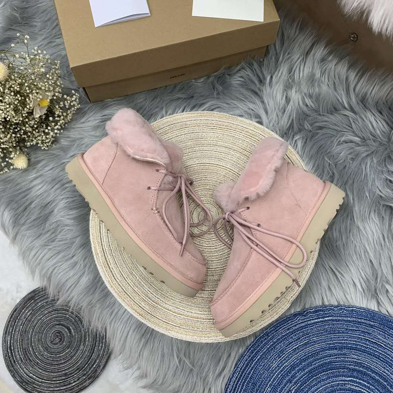 3090 Pink Lace-Up Ankle Boots with Plush Trim
