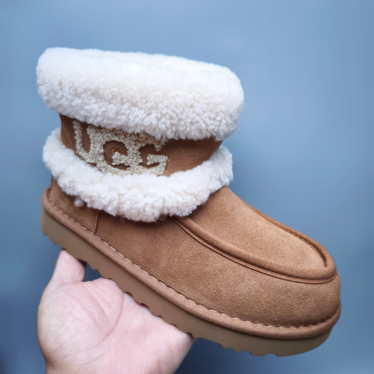 5410 Chestnut Curly Plush Oversized Logo Mid-Top Boots