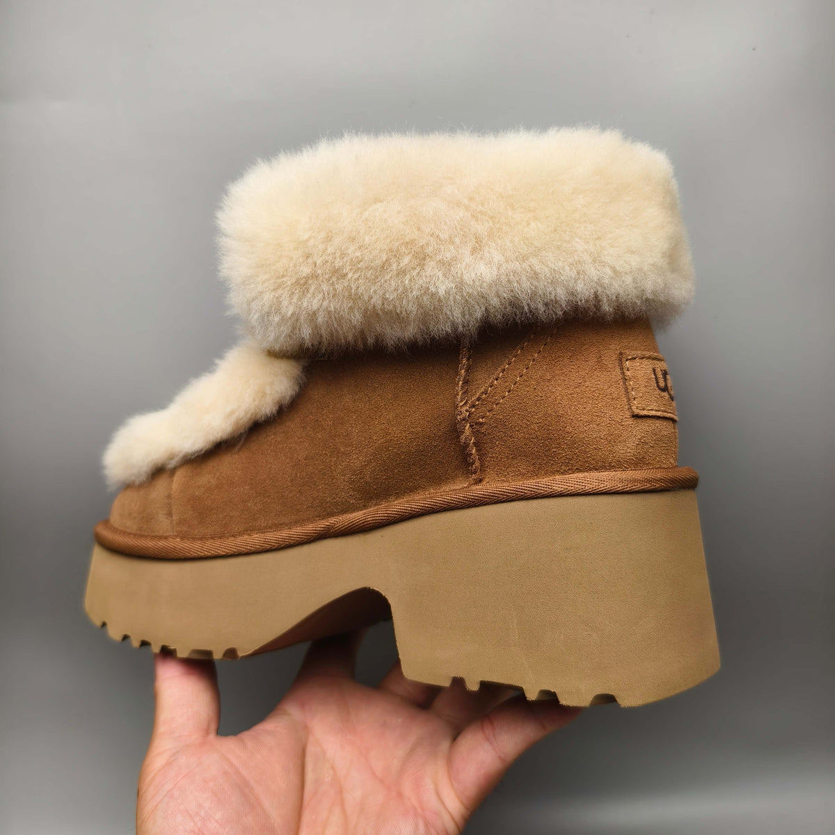 1532 Chestnut Lace-Up Wedge Ankle Boots with Plush Trim