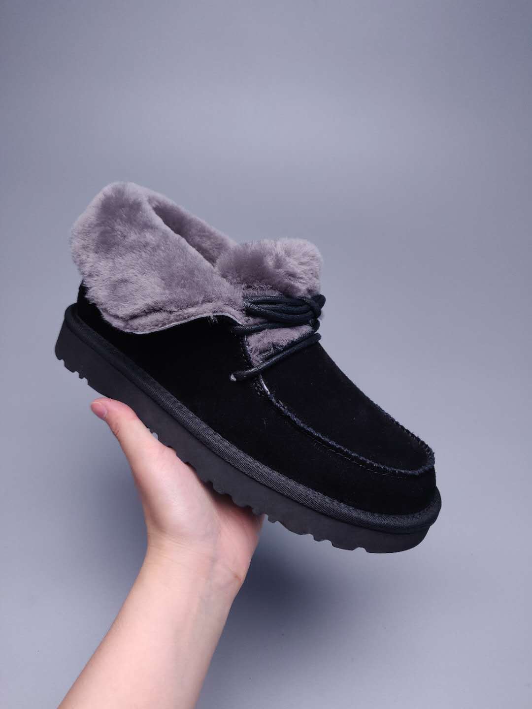 3090 Black Lace-Up Ankle Boots with Plush Trim