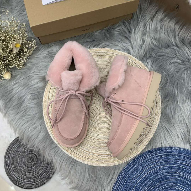 3090 Pink Lace-Up Ankle Boots with Plush Trim