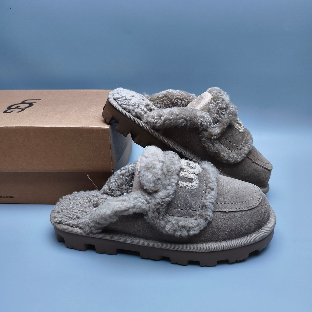 1206 Antelope Brown Curly Plush Logo Slippers