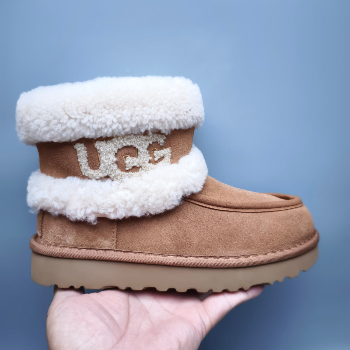 5410 Chestnut Curly Plush Oversized Logo Mid-Top Boots