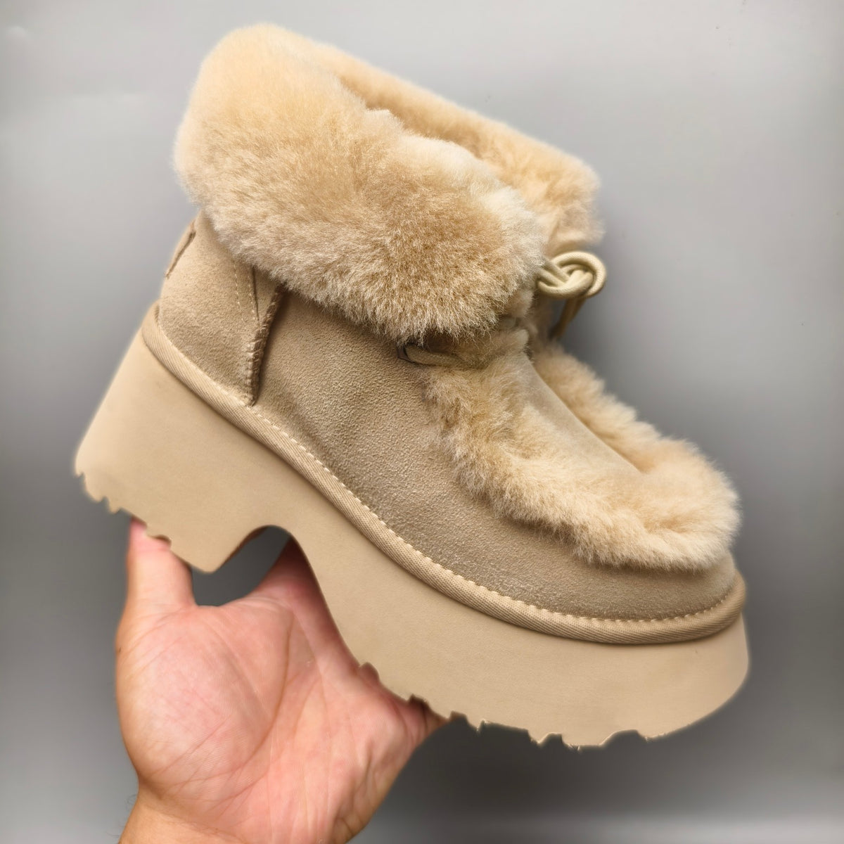 1532 Mustard Lace-Up Wedge Ankle Boots with Plush Trim