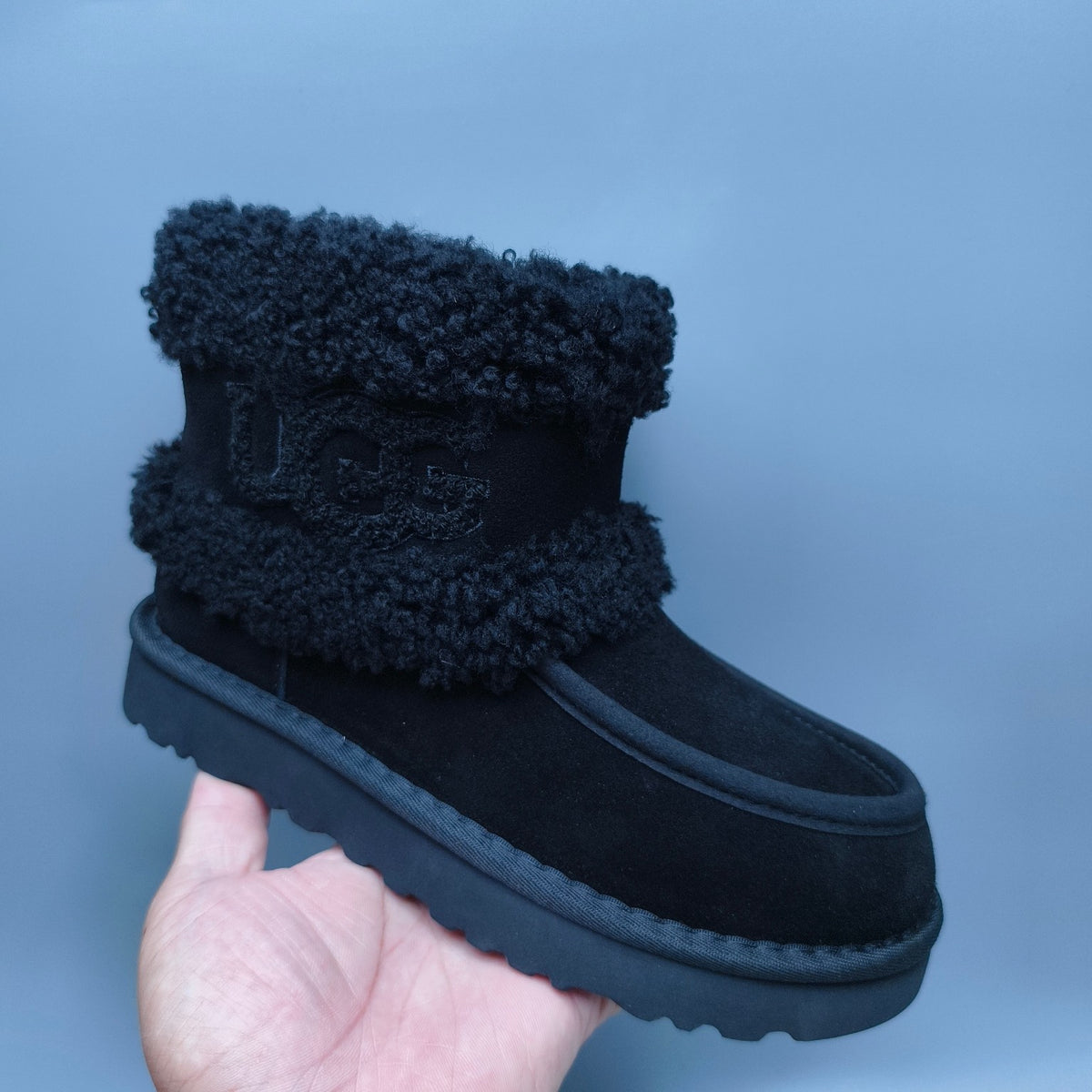 5410 Black Curly Plush Oversized Logo Mid-Top Boots