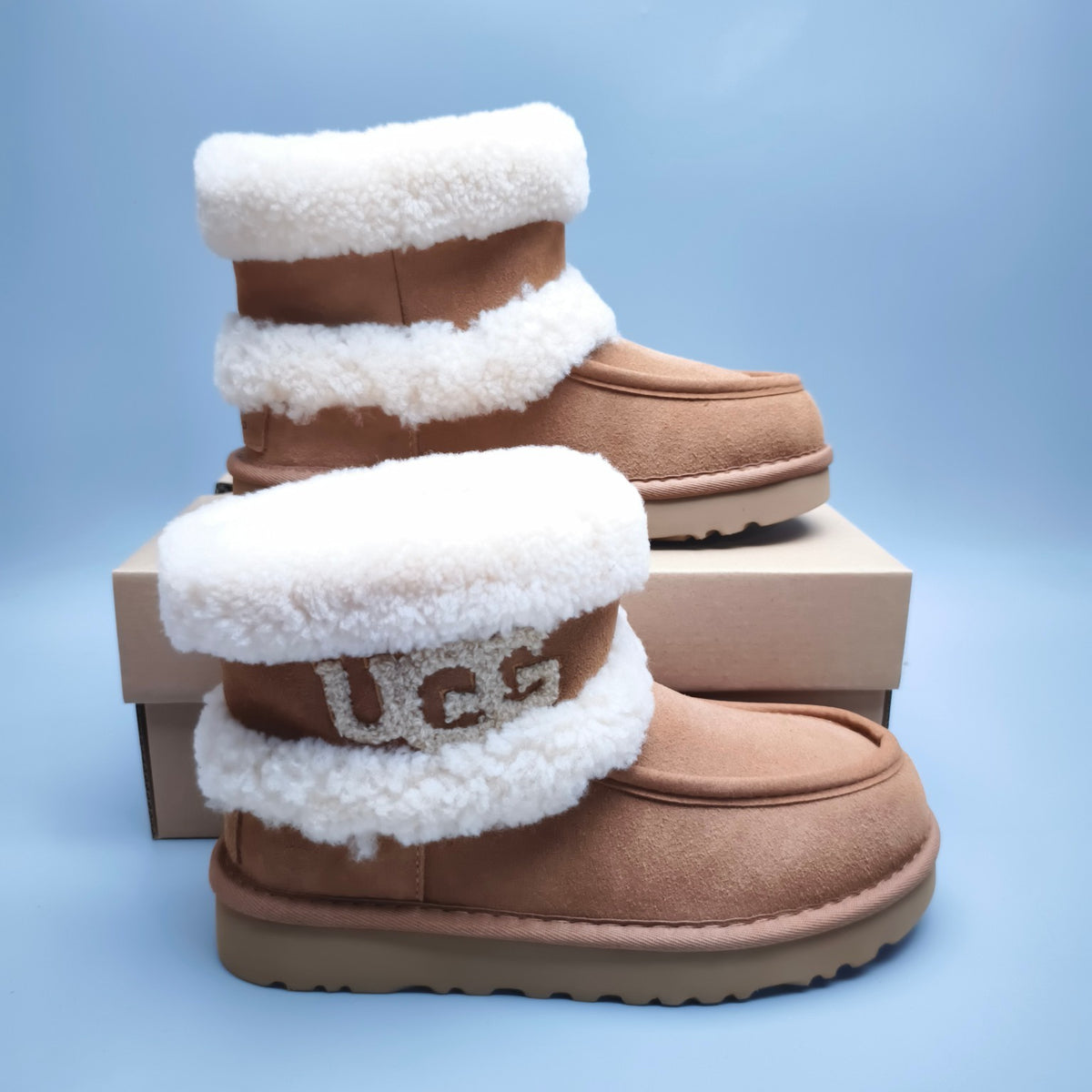 5410 Chestnut Curly Plush Oversized Logo Mid-Top Boots