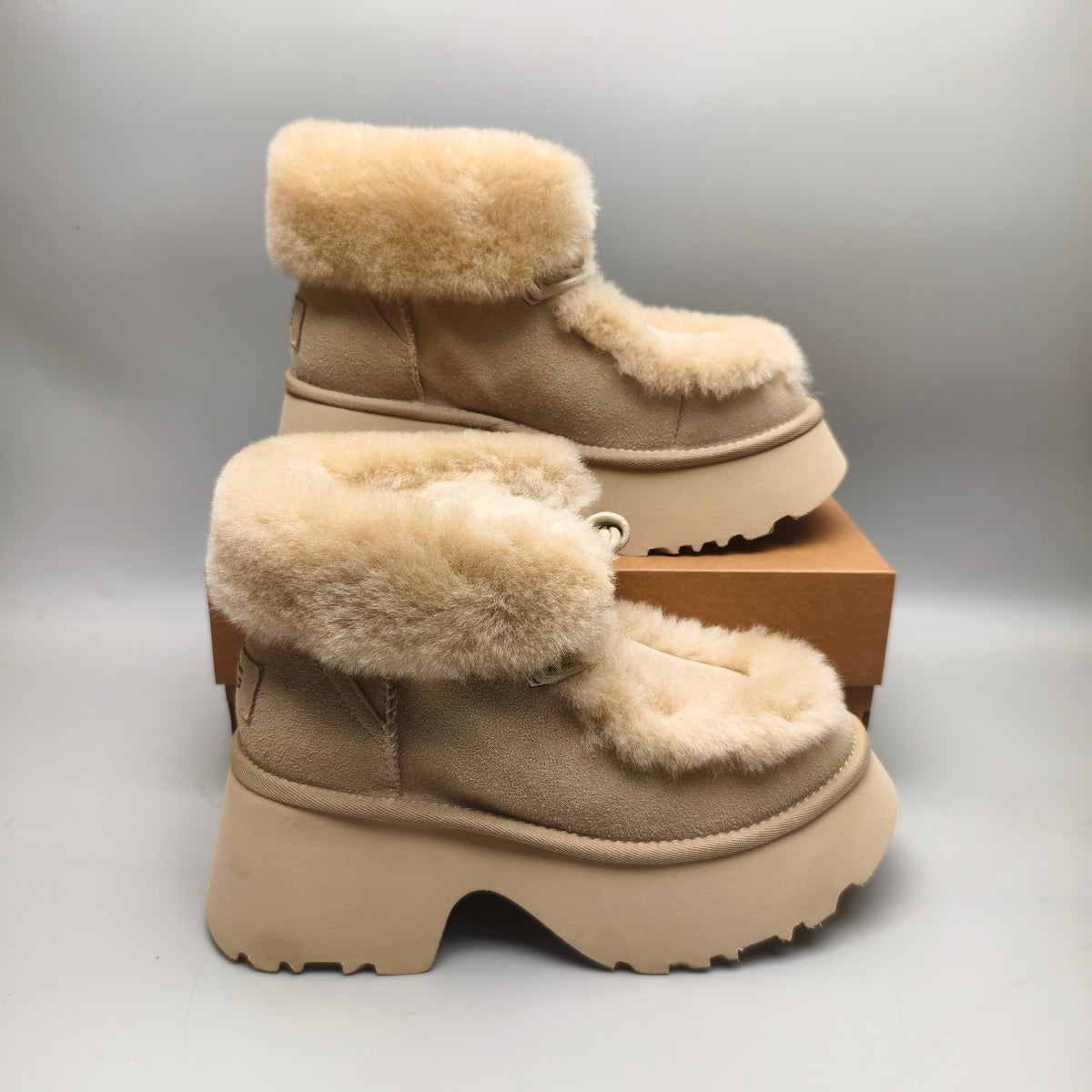 1532 Mustard Lace-Up Wedge Ankle Boots with Plush Trim