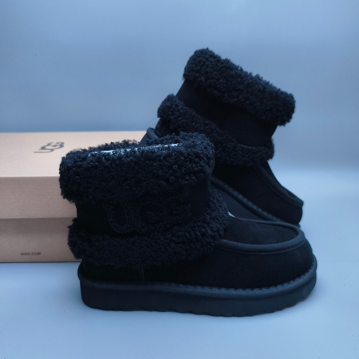 5410 Black Curly Plush Oversized Logo Mid-Top Boots