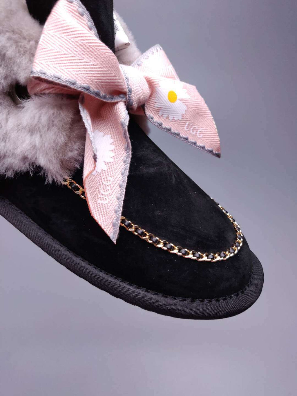 7888 Black Daisy Chain-and-Ribbon Detail Shoes