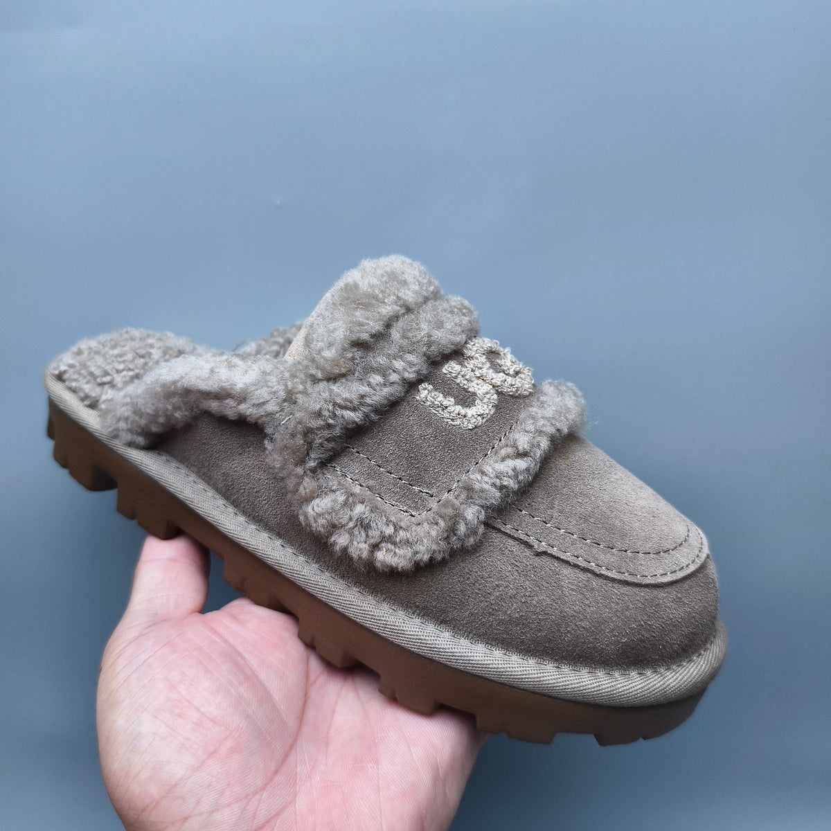 1206 Antelope Brown Curly Plush Logo Slippers