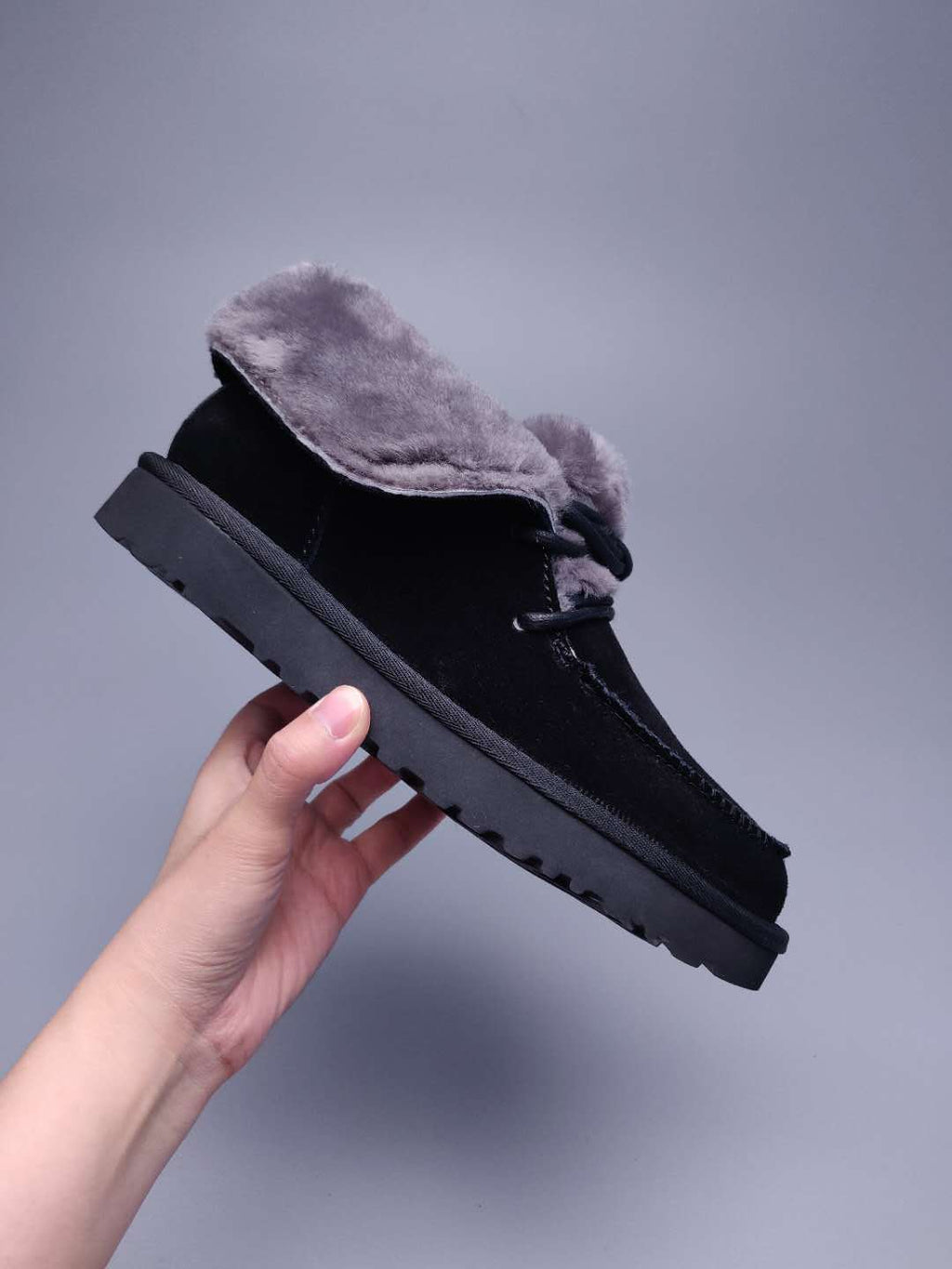 3090 Black Lace-Up Ankle Boots with Plush Trim