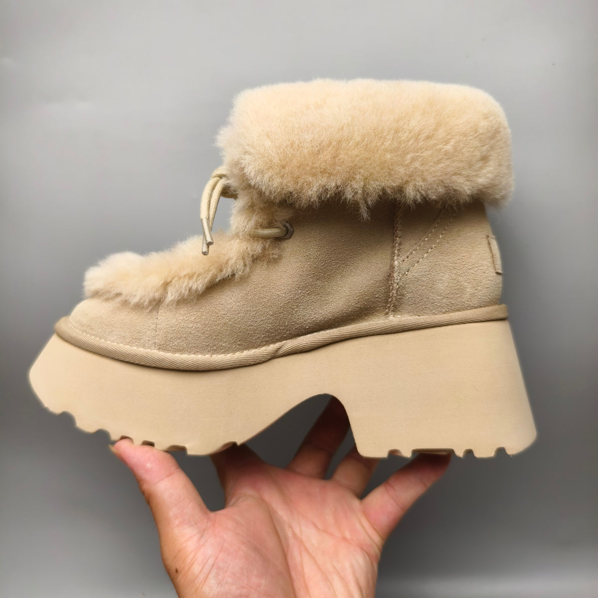 1532 Mustard Lace-Up Wedge Ankle Boots with Plush Trim