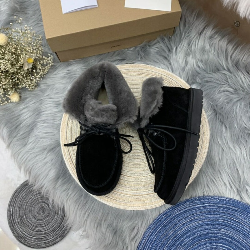 3090 Black Lace-Up Ankle Boots with Plush Trim