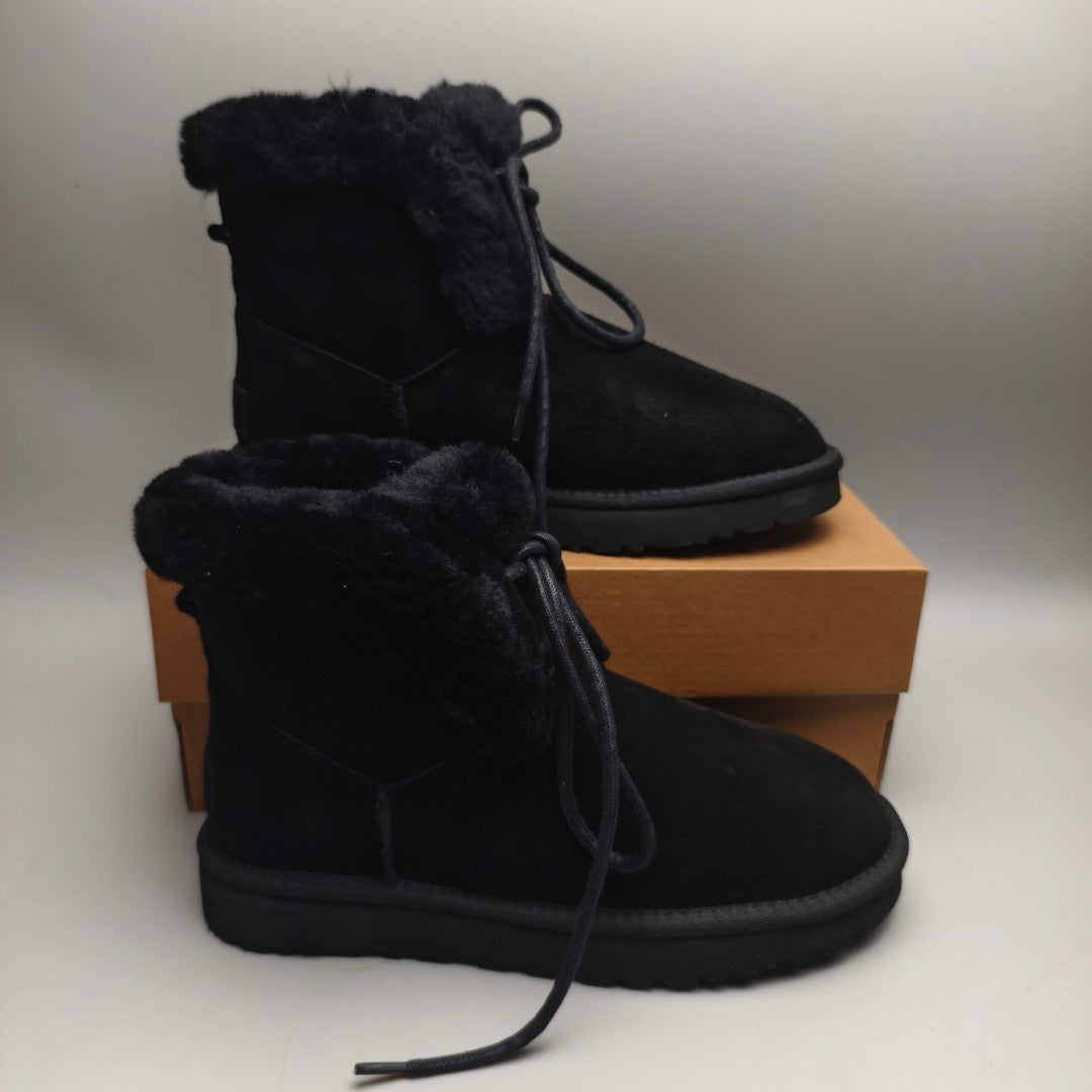 4576 Black Lace-Up Mid-Calf Casual Boots