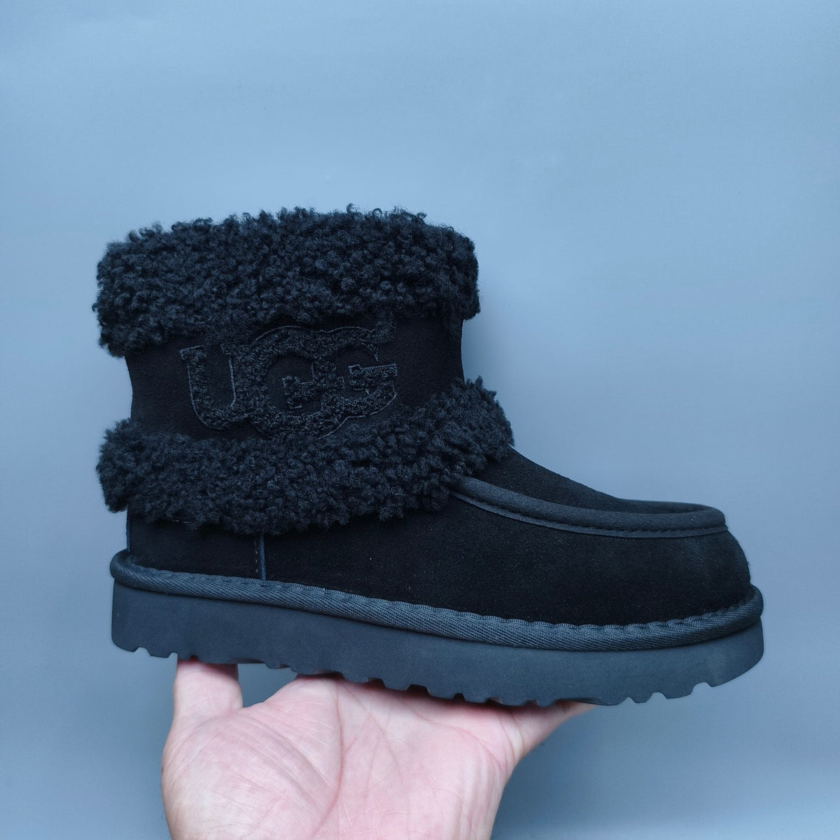 5410 Black Curly Plush Oversized Logo Mid-Top Boots