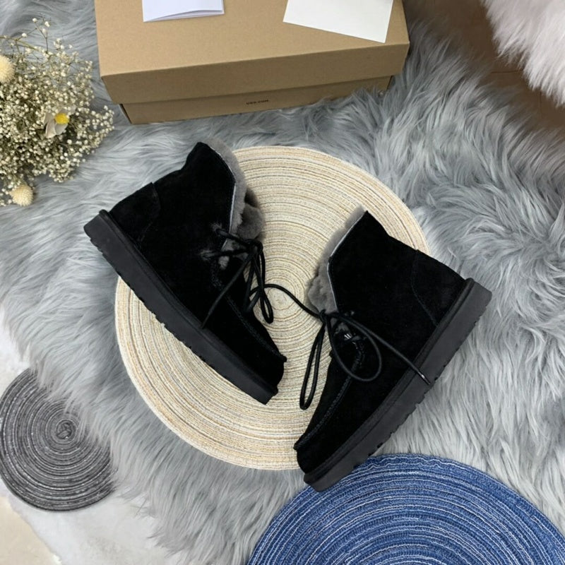 3090 Black Lace-Up Ankle Boots with Plush Trim
