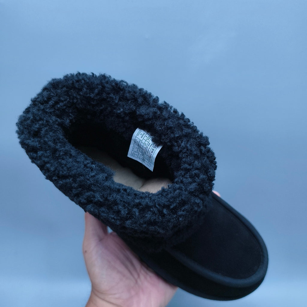 5410 Black Curly Plush Oversized Logo Mid-Top Boots