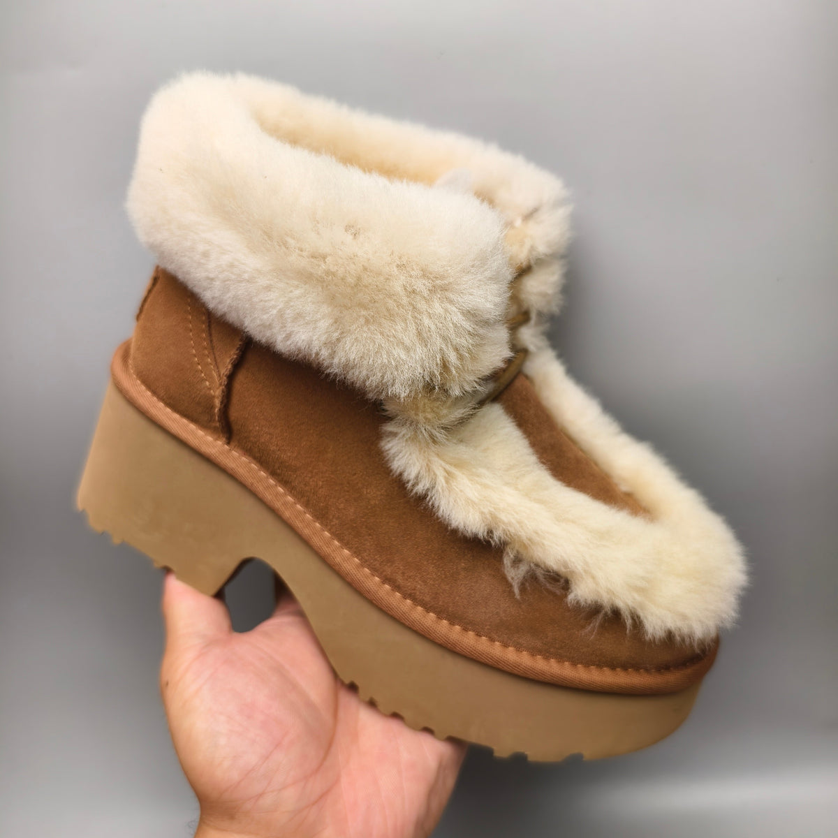 1532 Chestnut Lace-Up Wedge Ankle Boots with Plush Trim