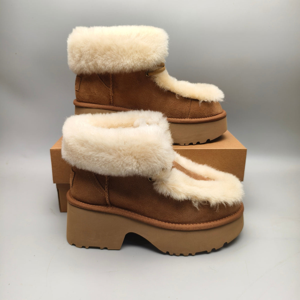 1532 Chestnut Lace-Up Wedge Ankle Boots with Plush Trim