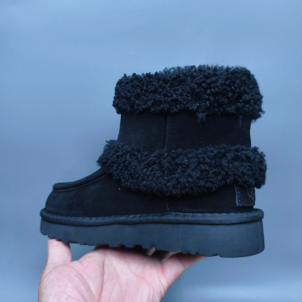 5410 Black Curly Plush Oversized Logo Mid-Top Boots