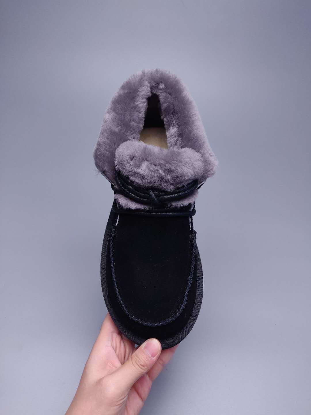 3090 Black Lace-Up Ankle Boots with Plush Trim