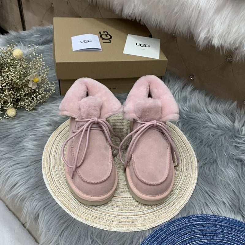3090 Pink Lace-Up Ankle Boots with Plush Trim