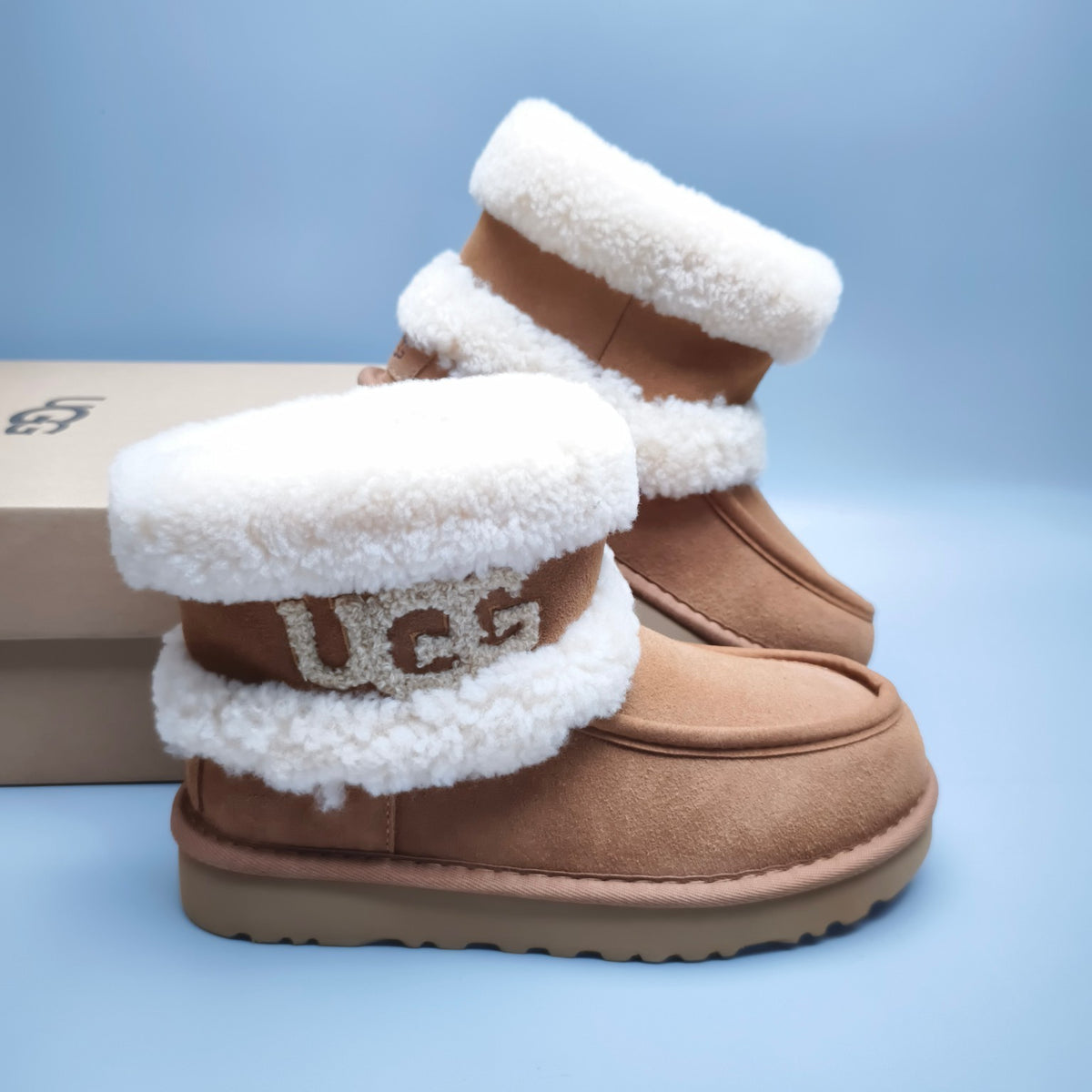 5410 Chestnut Curly Plush Oversized Logo Mid-Top Boots
