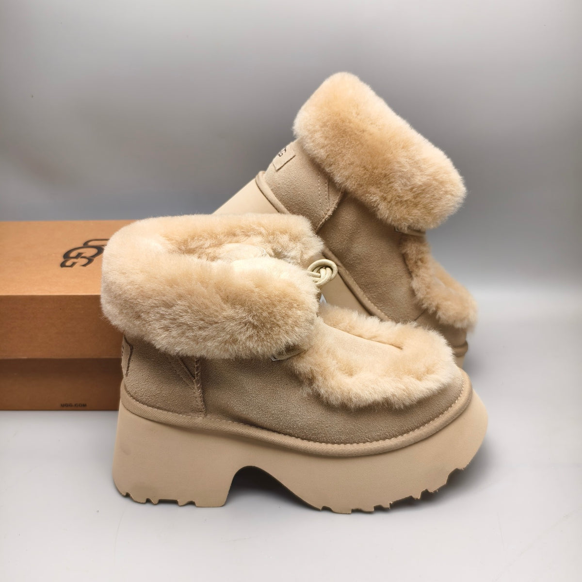 1532 Mustard Lace-Up Wedge Ankle Boots with Plush Trim