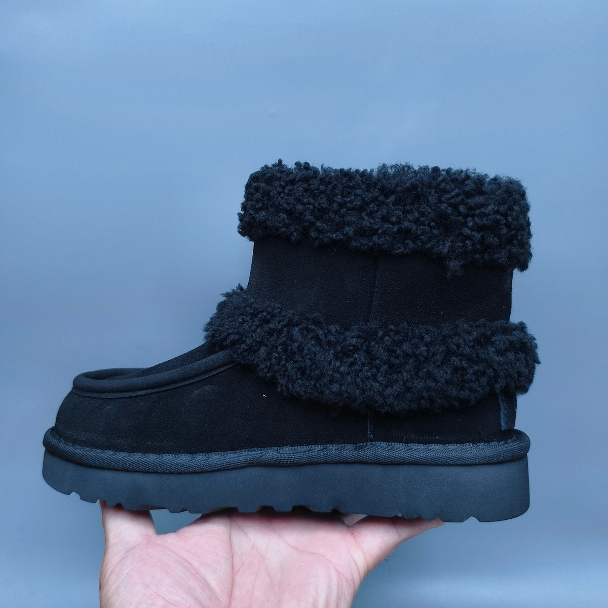 5410 Black Curly Plush Oversized Logo Mid-Top Boots