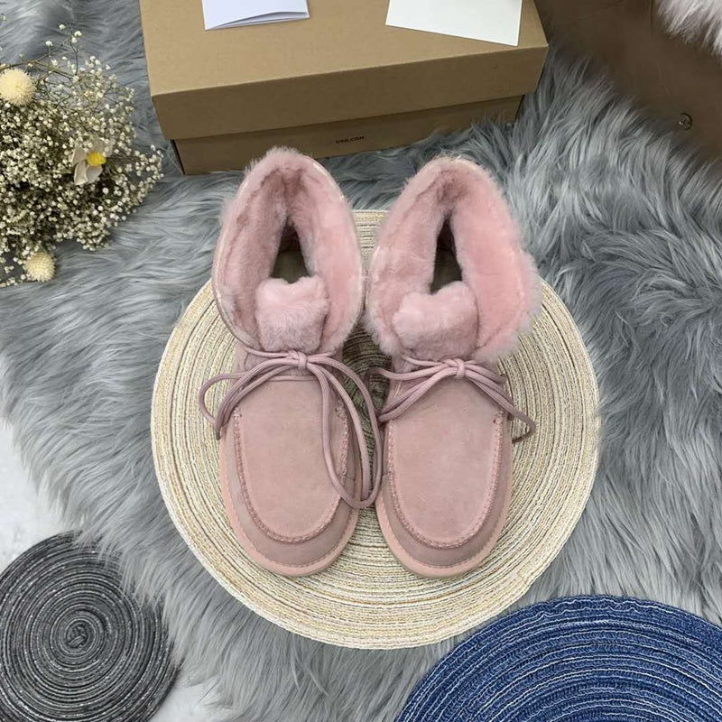 3090 Pink Lace-Up Ankle Boots with Plush Trim