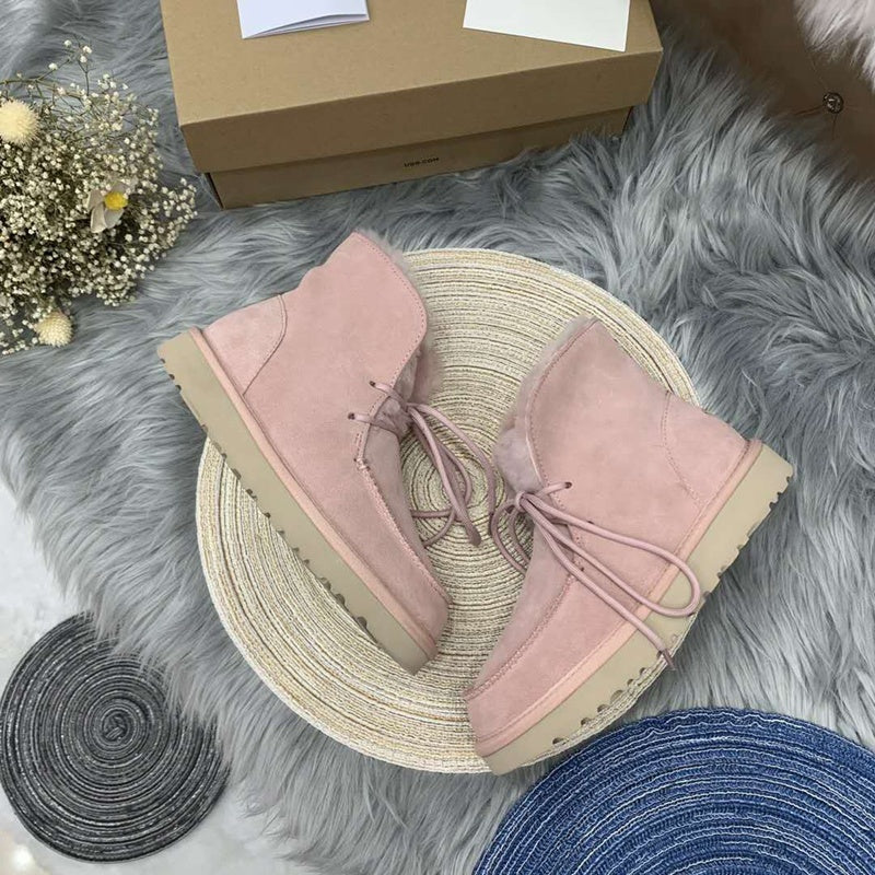 3090 Pink Lace-Up Ankle Boots with Plush Trim