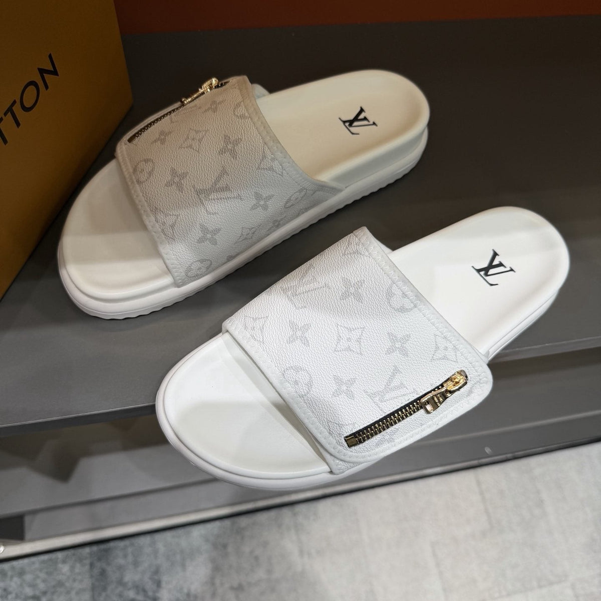 Louis Vuitton White Monogram Zip Slide Sandals